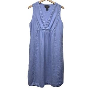 Tahari 100% Linen Dress Women Sz M Blue V-Neck Lagenlook Beach Preppy‎ Coastal